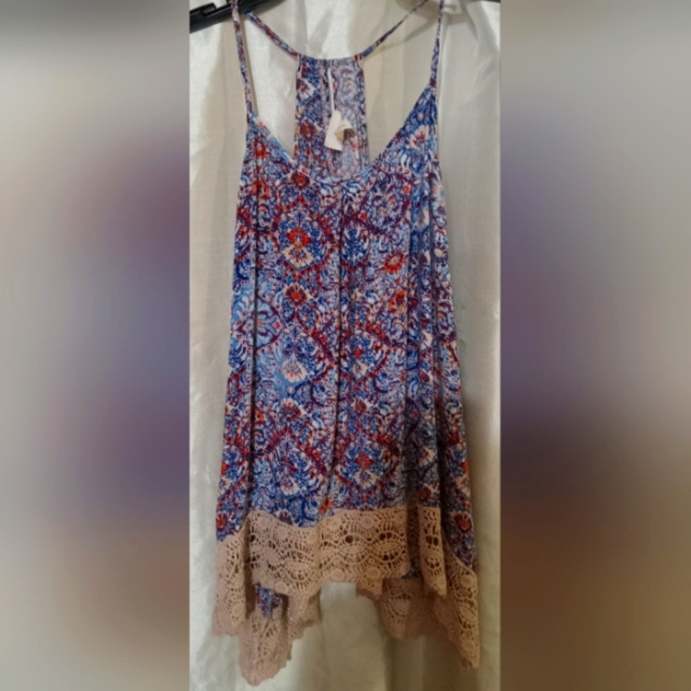 MOSSIMO BOHO blue /beige floral slide racerback cami, size L